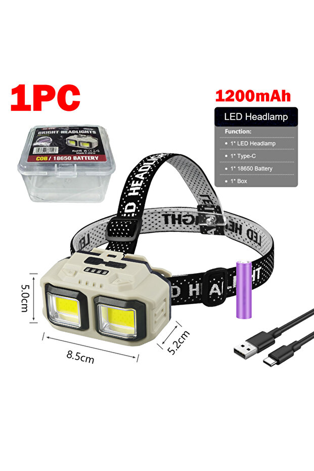 1PC Strong Light Headlamp Portable COB LED Headlamp USB Rechargeable Head Flashlight 18650 Outdoor C