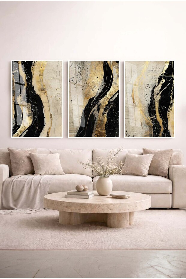 Boho 3-Piece Glass Painting Set with Black and Gold Frame - White Metal Framed Painting for Home and Office