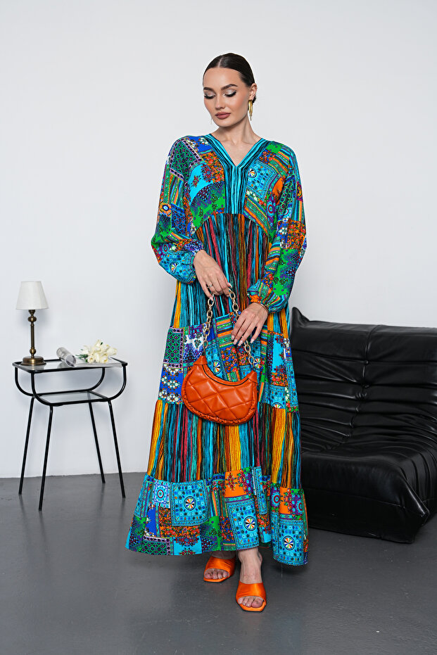 Rochie cu mânecă lungă, tip patchwork, lungime completă - 8