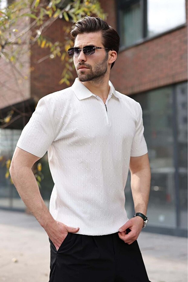 White Polo Collar Knitted Patterned Knitwear Men's T-Shirt E7489