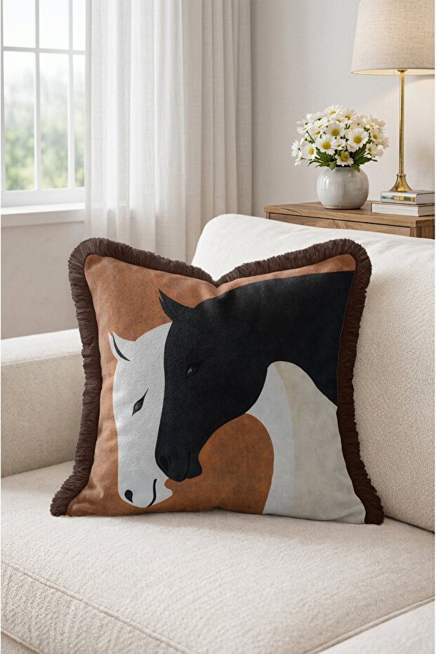Rustic Fringed Throw Pillow Cover with Black and White Horse Figure - Brown Tassel Pillowcase
