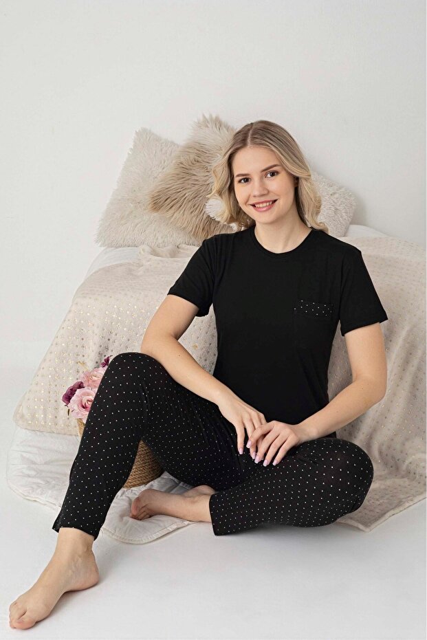 Women's Black Patterned Buttonless Crew Neck Summer Lycra Viscose Flexible Short Sleeve Pajama Set