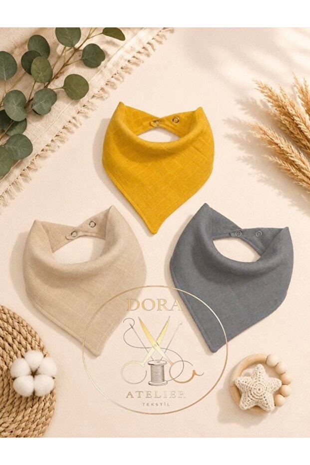 Muslin Baby Scarf, Collar, Baby Bib 3 Pieces { 100% Cotton Double Layer & Double Snap Fasteners }