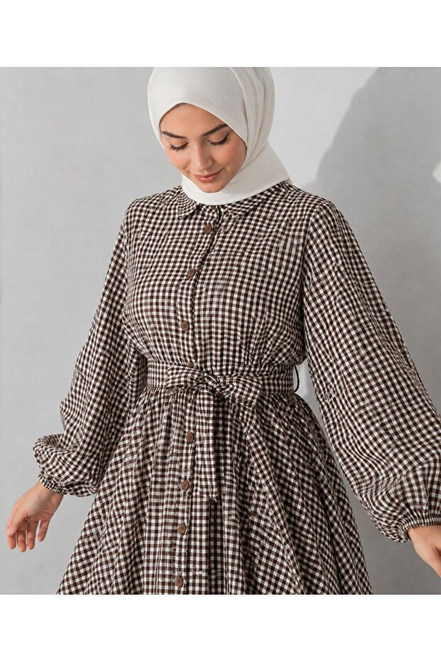 Gingham Pattern Hijab Dress - 1