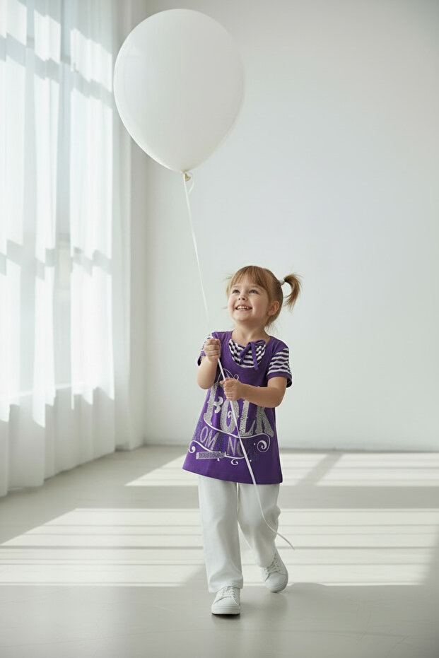 Girl's Purple White Striped Printed T-Shirt