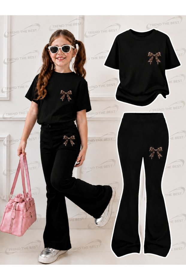 Summer Black Spanish Flared Pants and T-Shirt, Children's Girl's Set with Small Leopard Pattern Print Design