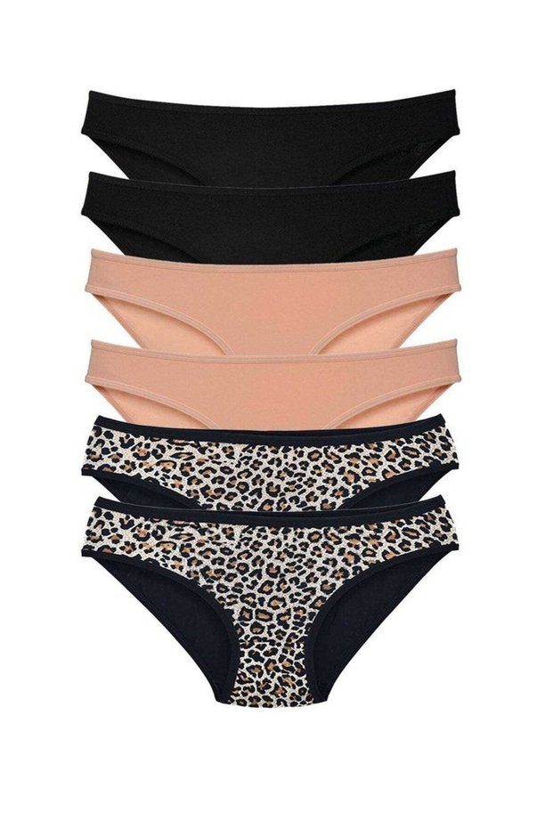 Glb-Stl41414 6 Pieces Lycra Women's Slip Panties Leopard Black Skin