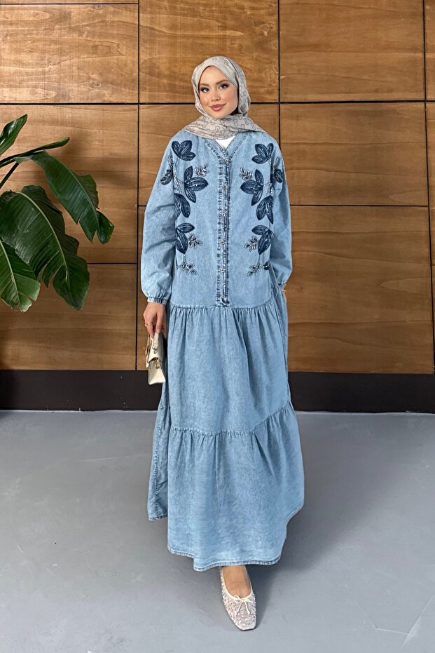 Women's Beaded Embroidery Half Button Denim Dress