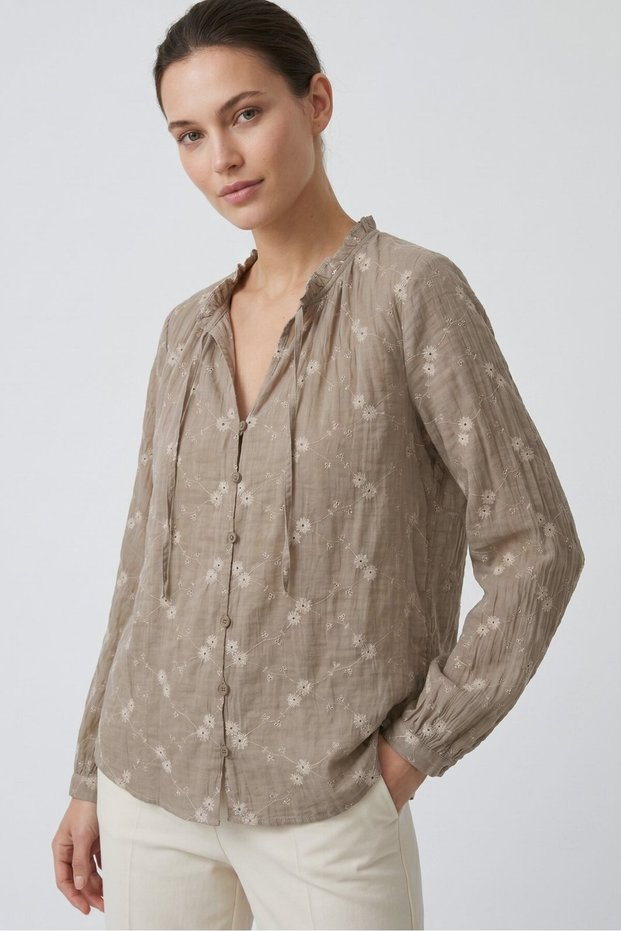 Mink Women's Tie Collar Floral Embroidered Balloon Sleeve Textured Shirt