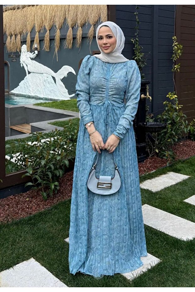Patterned Pleated Chiffon Galadri̇el, Dress Blue Tns-2121
