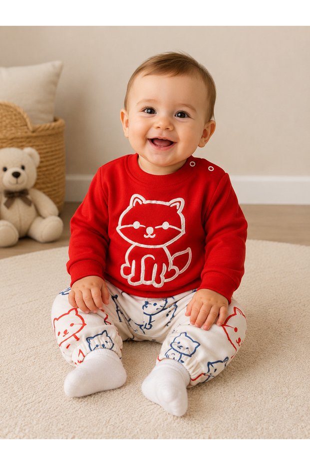Baby Boy 100% Cotton Top and Bottom Set with Cat Embossed Elastic Waistband and Snap Fasteners