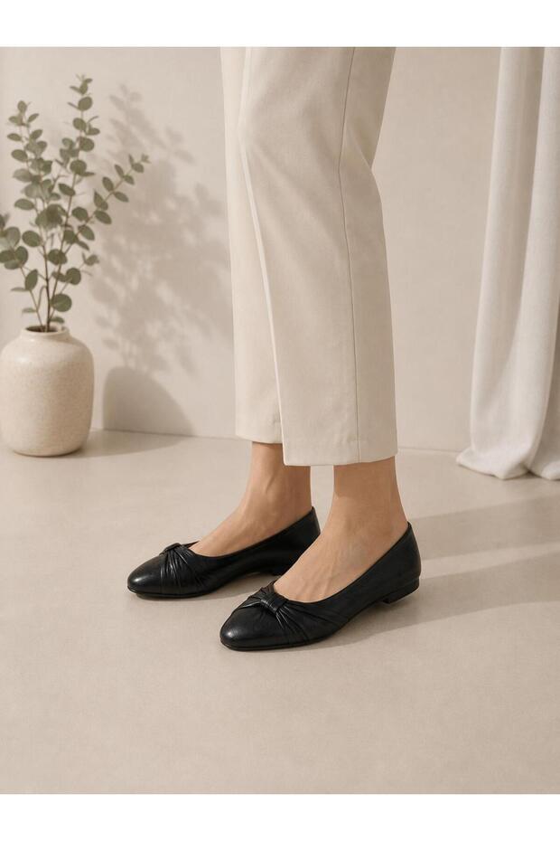 Genuine Leather Bow Detailed Comfortable Women's Daily Ballerinas
