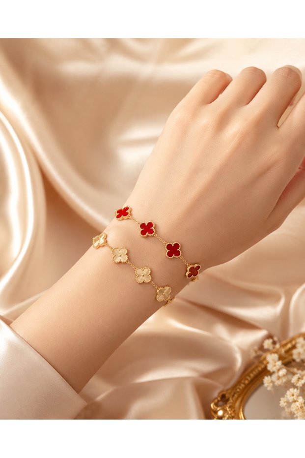 2-Piece Women's Combination Set Anti-Tarnish Steel Clover Model Bracelet Red Black White Gold Color Gift Jewelry