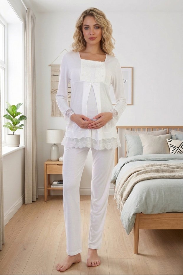 New Season Ecru Lace Button Detailed Special Design Long Sleeve 100% Cotton Maternity Pajama Set