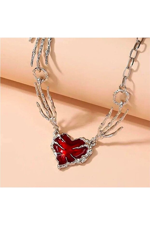 Gothic Skeleton Hand Detailed Red Heart Grunge Punk Y2K Alternative Style Necklace