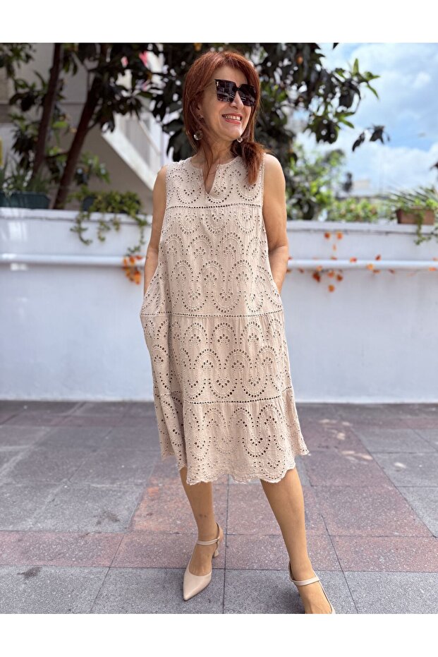 Kolberli Lined Brode Short Dress Beige