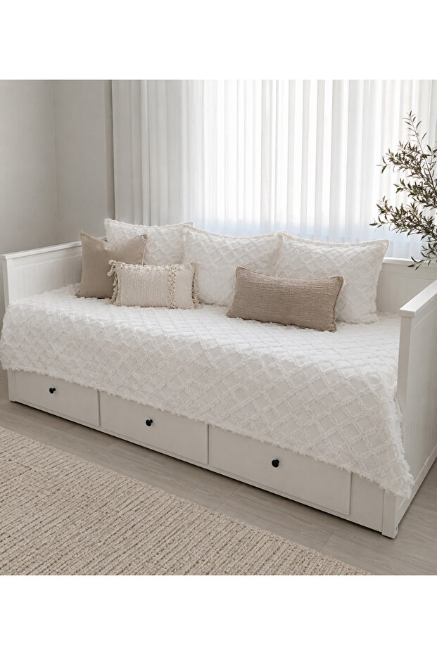 Siena Luxury Fringed Divan Cover Ecru 130X210 and 1 Pillowcase 40X40Cm