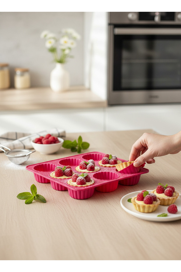 9-Cavity Silicone Tartlet and Muffin Cake Mold - Non-Stick Flower Shaped Cake Baking Mold