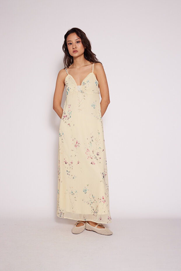 Flower-Patterned Lace Dress with Detailing in Yellow