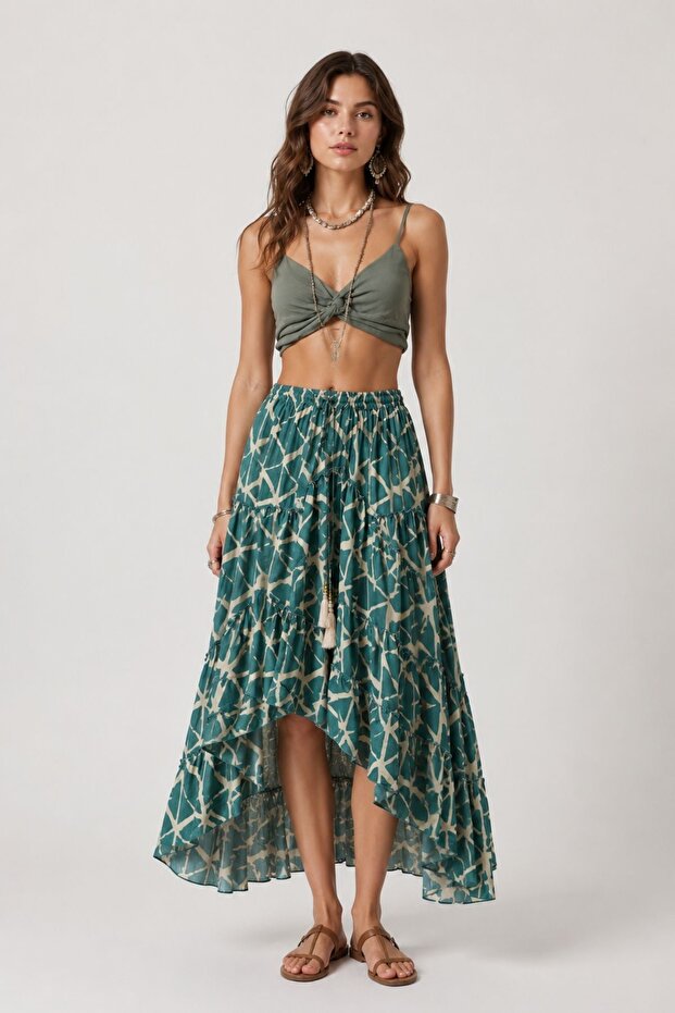Long Asymmetrical Gypsy Skirt Petrol
