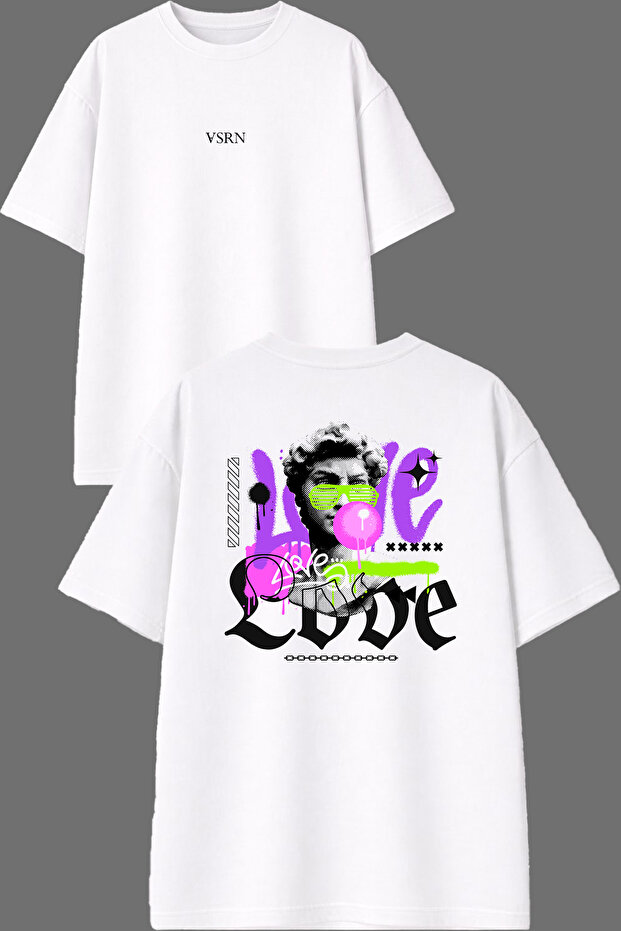 تي شيرت أبيض كبير الحجم مطبوع من الأمام والخلف بتصميم Love Love