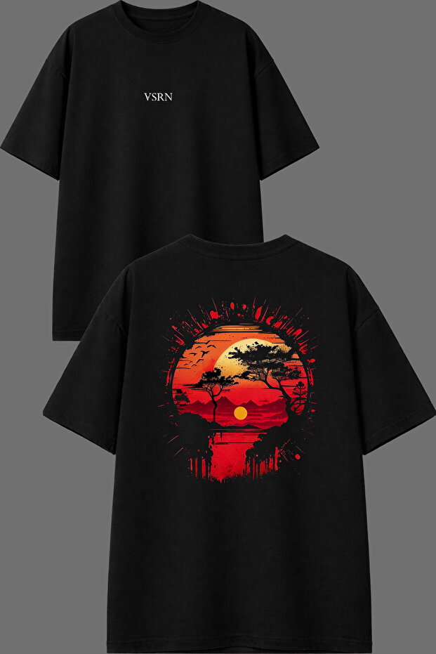 Red Sky Design Front and Back Printed Black Oversize T-Shirt