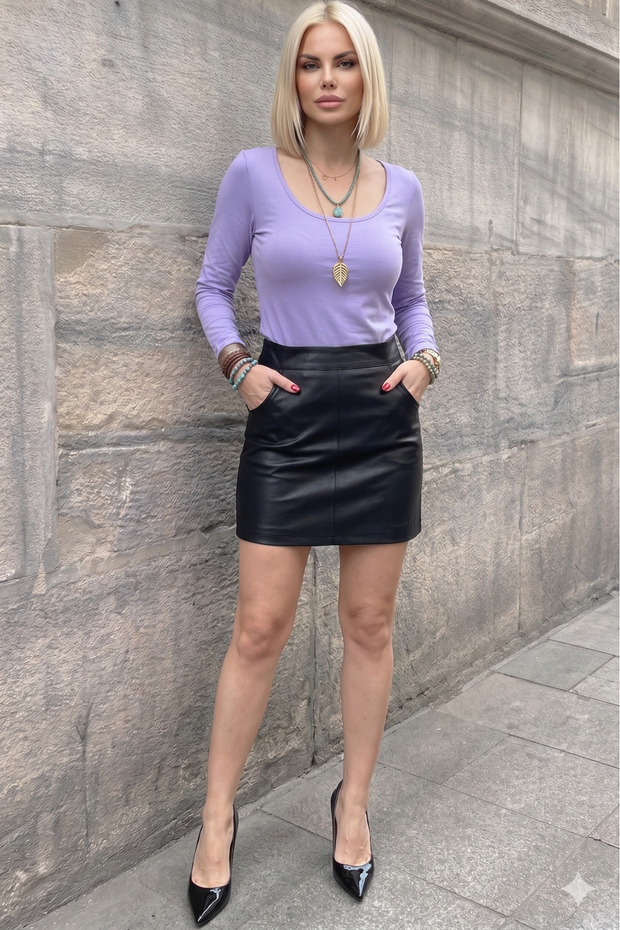 Women's Lilac Front and Back Deep Low-Cut Collar Long Sleeve Cotton Combed Blouse 3580165
