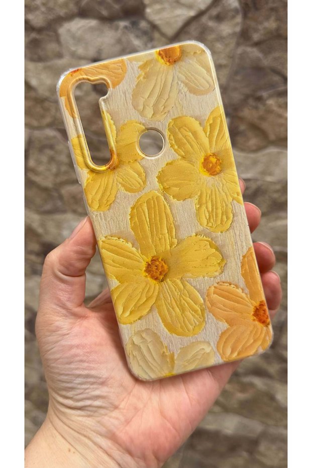 Redmi Note 8 Compatible Yellow Flower Patterned Transparent Shock Absorbing Clear Case with Camera Protection