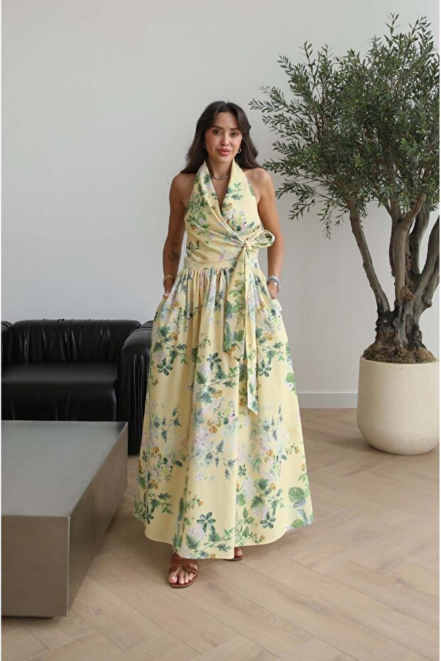 Yellow Maple Patterned Tie-Up Blouse Skirt Set