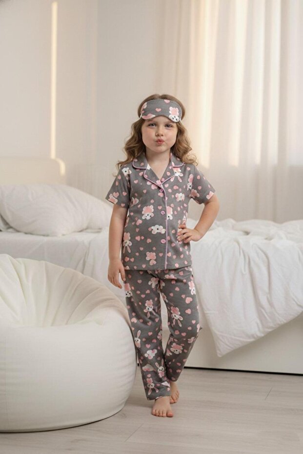 Cute Rabbit Patterned Bamboo Front Buttoned Eye Patch Short Sleeve Pajama Set 2002