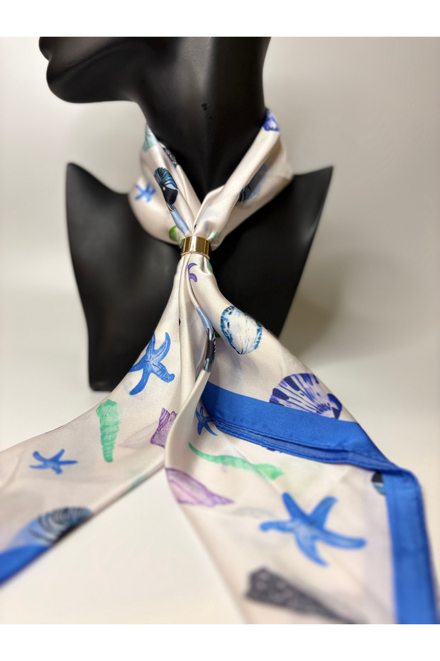 Sea Shell Starfish Patterned Double-Sided Scarf with Gold Ring Detail (70X70 cm)