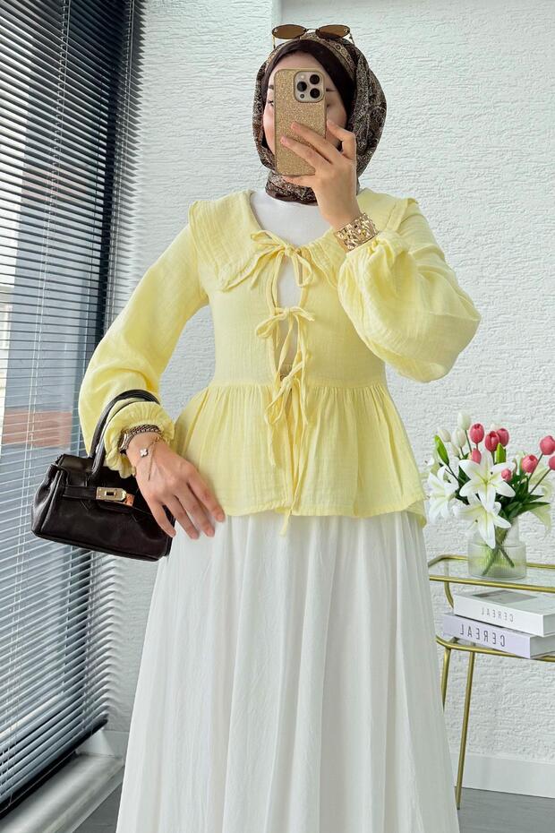 Premium Bebe Collar Wrap Muslin Blouse – Yellow