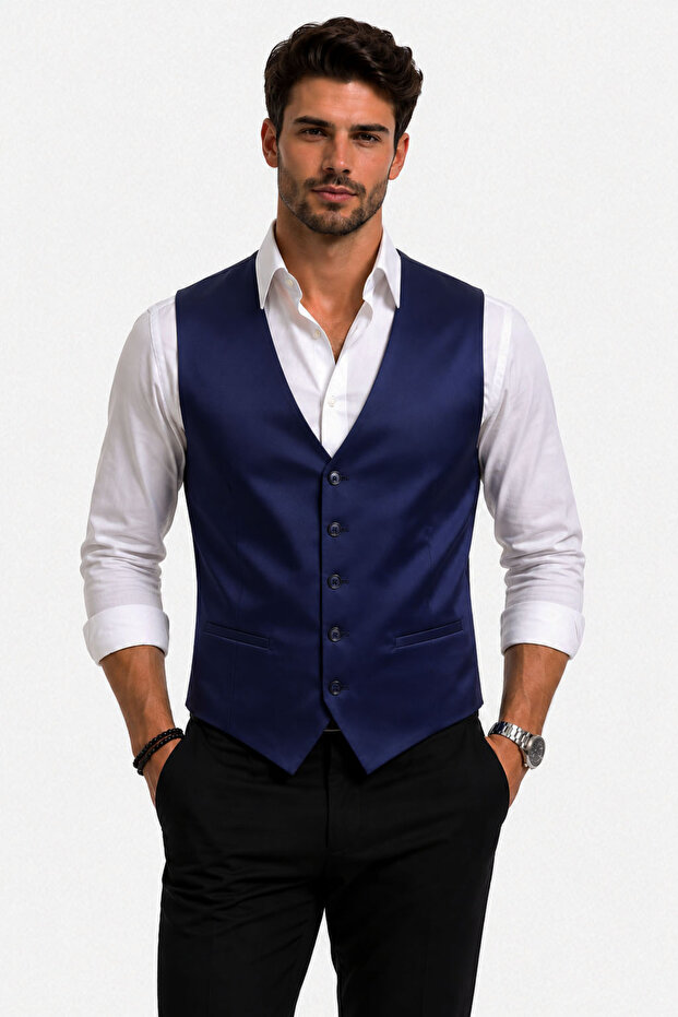 Men's V-Neck Vest Navy Blue Satin 54213