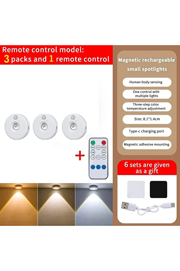 3PCS With Remote LED Motion Sensor Night Light Wireless Under Cabint Lights Dimmable USB Rechargeabl
