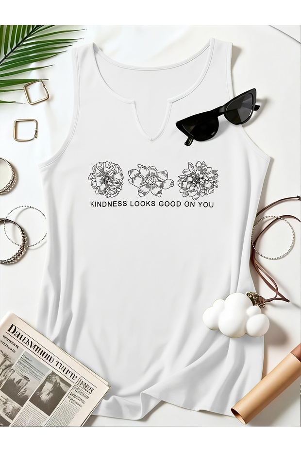 Women's Mix Printed Half V-Neck Sleeveless Regular Fit Comfortable T-Shirt