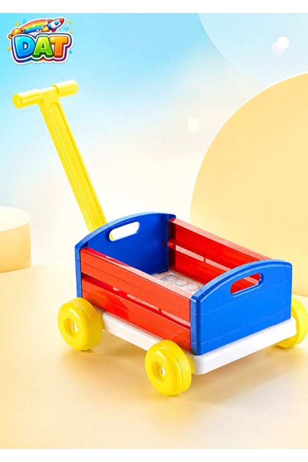 Kids Push & Pull Wagon Toy Cart with Handle and Open Storage Bin, 34CM, Red Blue Yellow