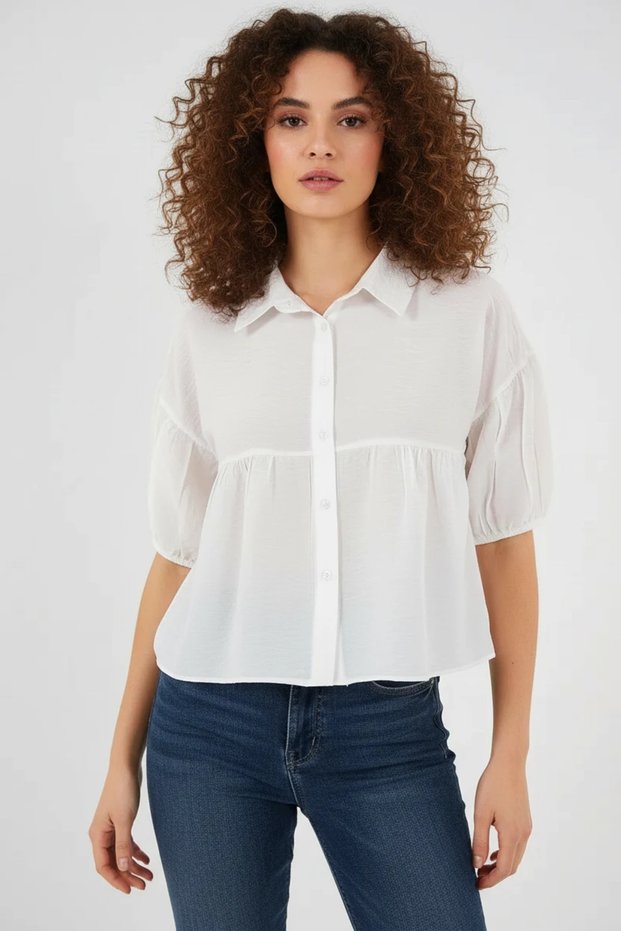 Women's Short Sleeve Gathered Waist Viscose White Shirt