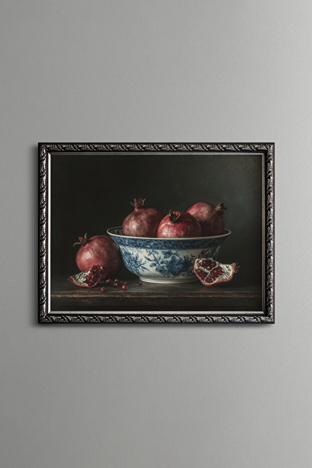 Still Life Pomegranate Composition - Vintage Patterned Frame - Thin Model