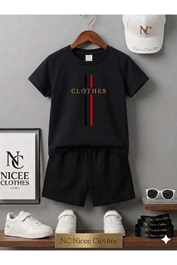 Summer Children's T-Shirt Shorts Unisex (Vertical Stripe Clothes Print)