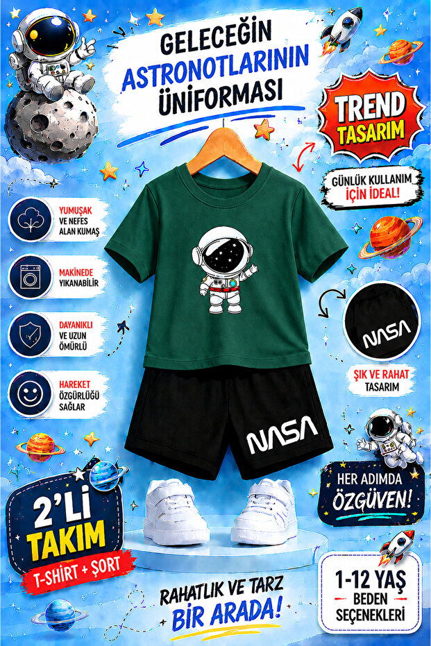 Nasa Astronaut Themed Kids' Set – Future Astronauts' Uniform | 2-Piece T-Shirt & Shorts Set
