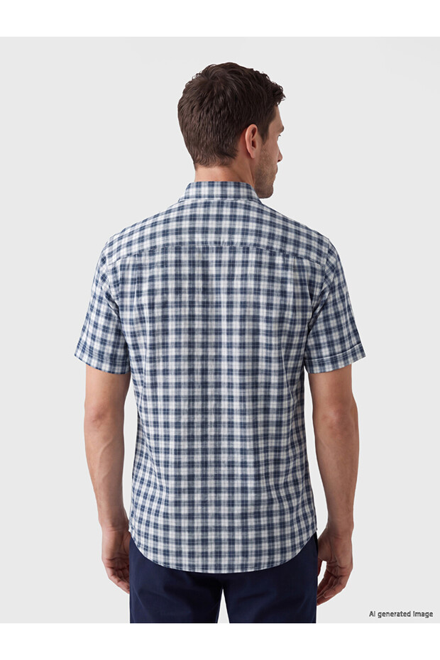 Navy Blue Regular Fit Plaid Poplin Men's Shirt