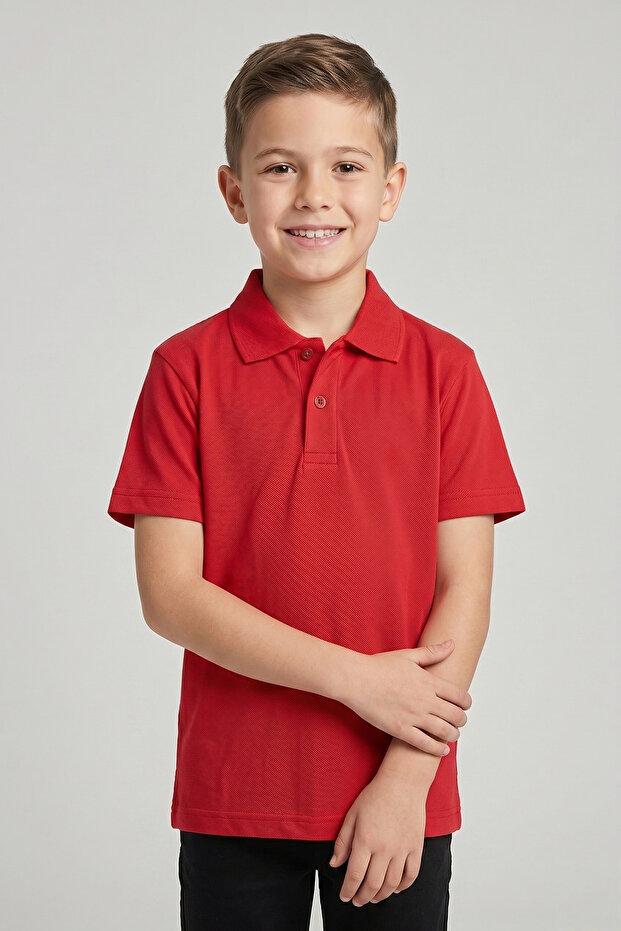 Unisex Kids Red Lacoste Polo Collar Short Sleeve School T-Shirt