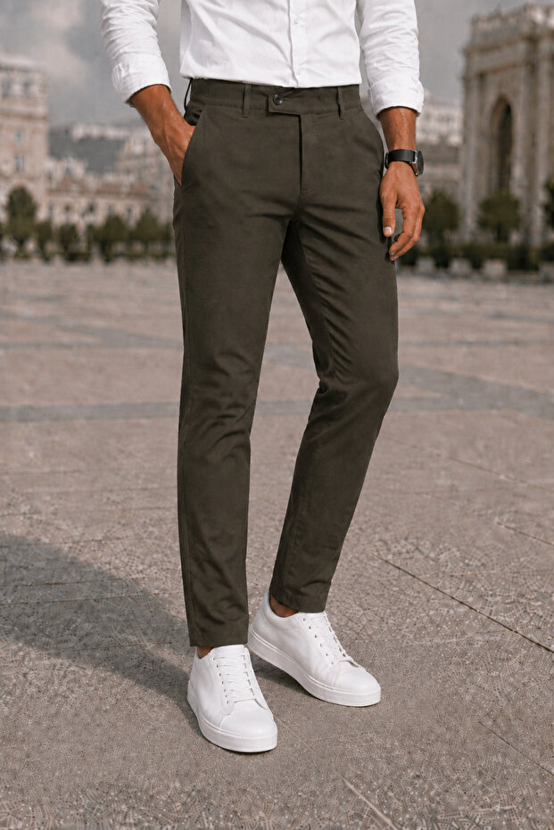 Men's Dark Green Fabric Trousers Slim Fit Lycra Ankle Length Narrow Leg Side Pocket