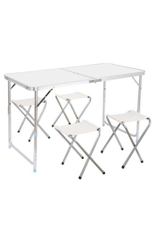 Premium Foldable Camping Table with 4 Stools, Lightweight, Adjustable Height, Easy Assembly