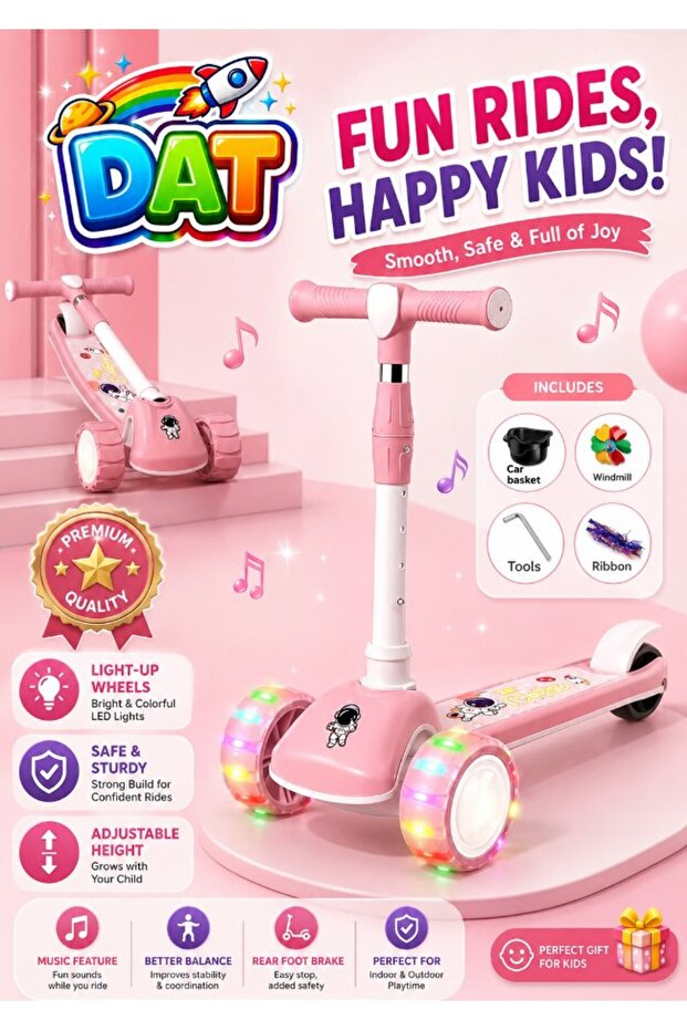 3 Wheel Scooter for Kids with LED Light-Up Wheels, Foldable Adjustable Height, Anti-Slip Deck, Music, Ages 3-8
