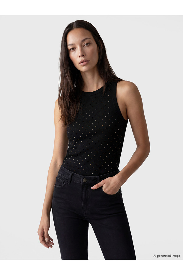 Trendlucky Women's Oval Collar Stoned Undershirt with a Difference in Color
