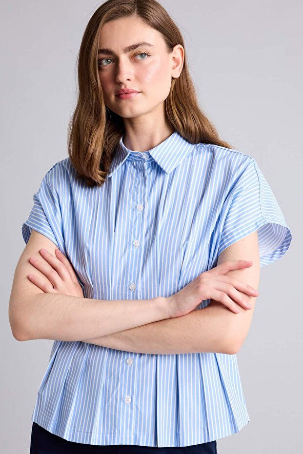 100% Cotton Fitted Striped Poplin Short Sleeve Blue Shirt H7941Ax26Sm