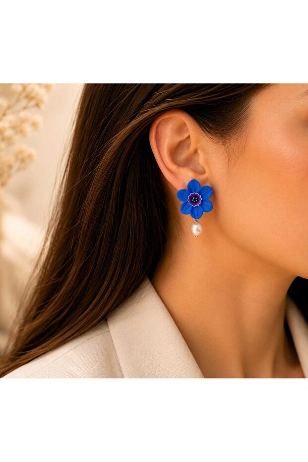 Special Design Navy Blue Narcissus Earrings with Removable Pearls | 2-in-1 Use - Handmade Polymer Clay Earrings with Real Baroque Pearls