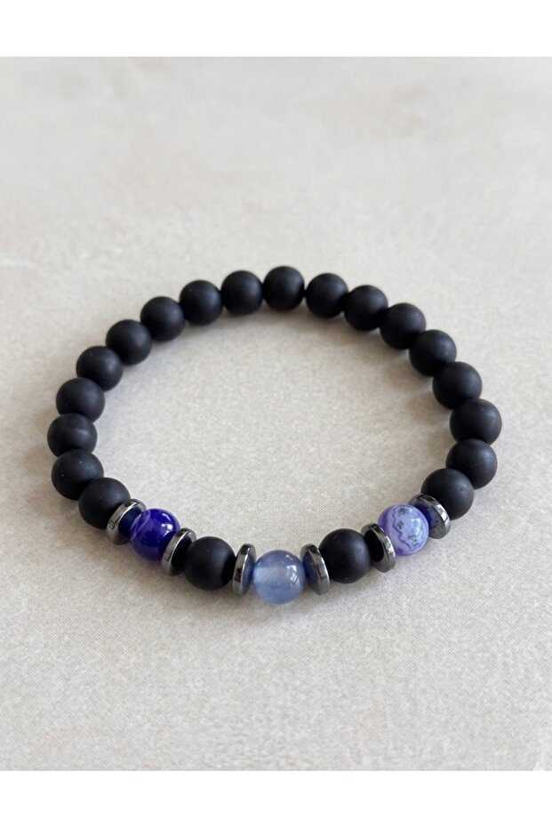 Natural Stone Men's Bracelet (Hematite, Blue Agate and Matte Onyx)