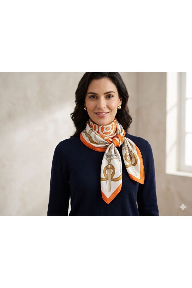Women's Orange Patterned Silky Satin Scarf 70X70